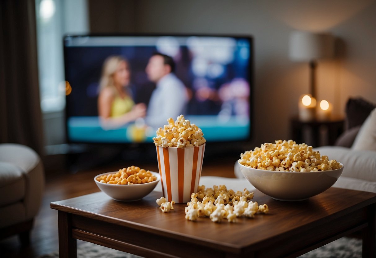 A cozy living room with a big screen TV playing a wedding video. Popcorn and snacks are spread out on the coffee table for a 40th wedding anniversary celebration