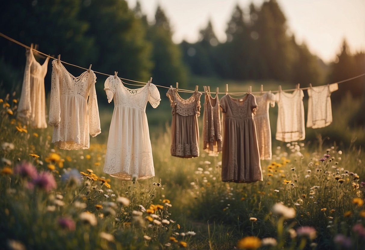 A rustic outdoor setting with bohemian lace dresses hanging on a clothesline, surrounded by wildflowers and vintage decor