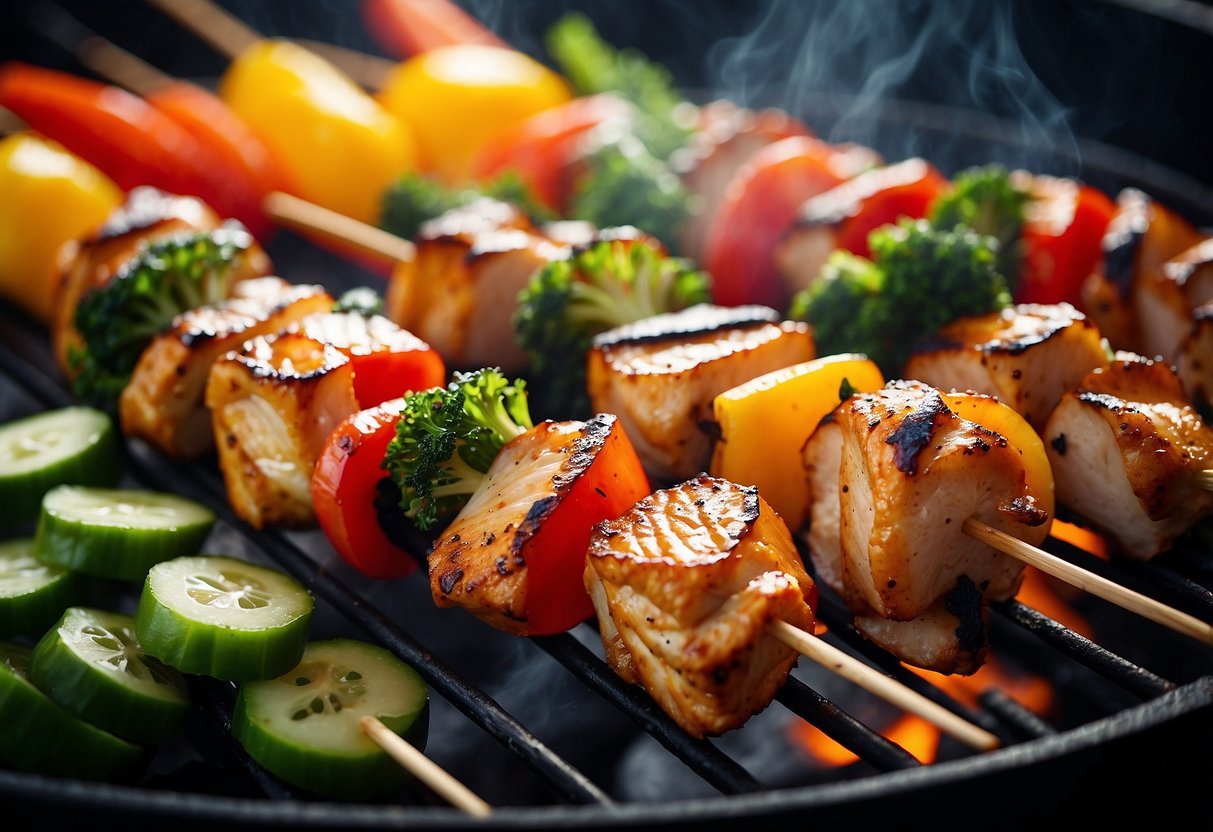 Grilled chicken skewers sizzling on a smoky barbecue grill, surrounded by colorful vegetables and a hint of charred edges