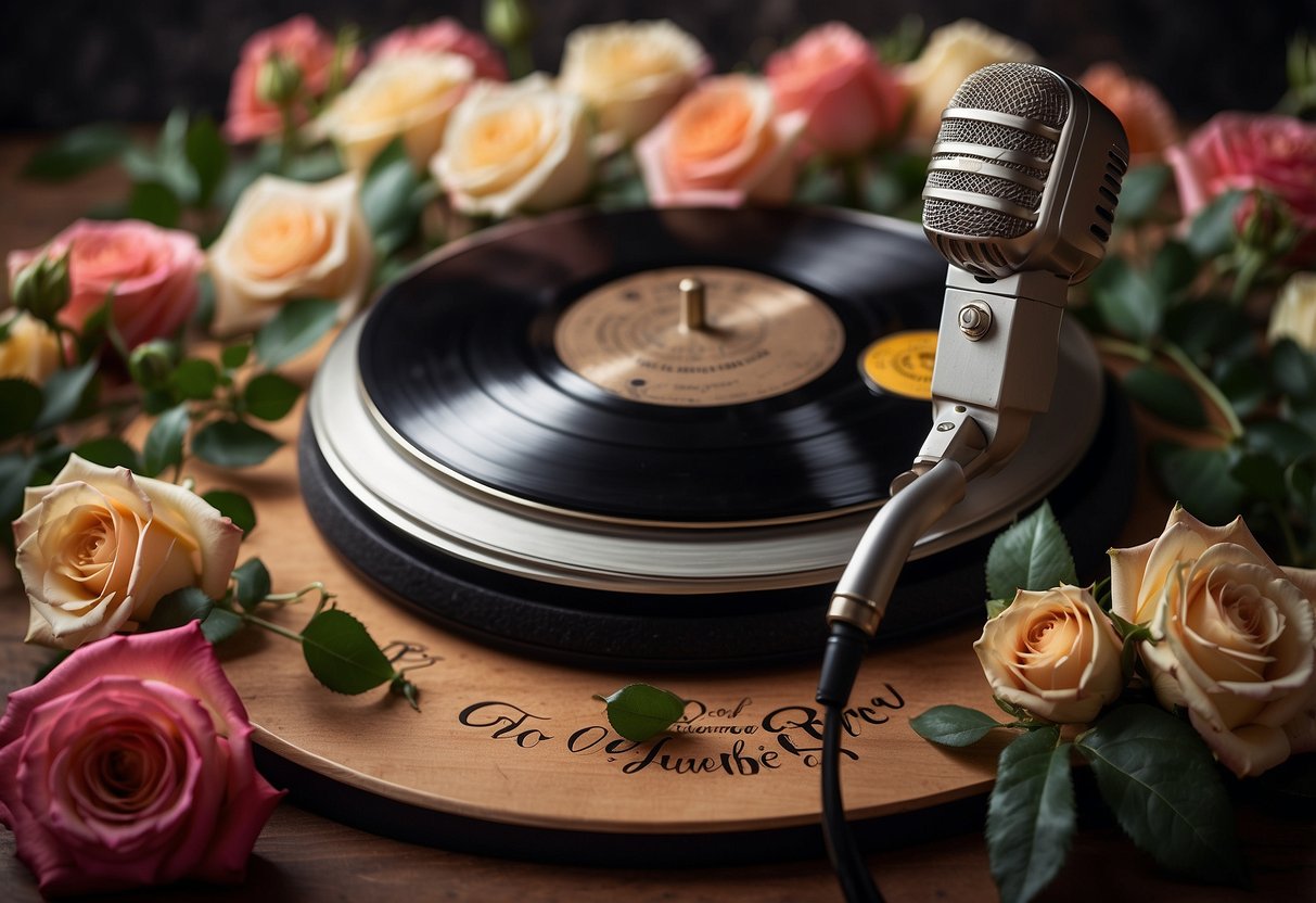 A couple's names engraved on a vinyl record, surrounded by roses and a vintage microphone, symbolizing their 40 years of love and music