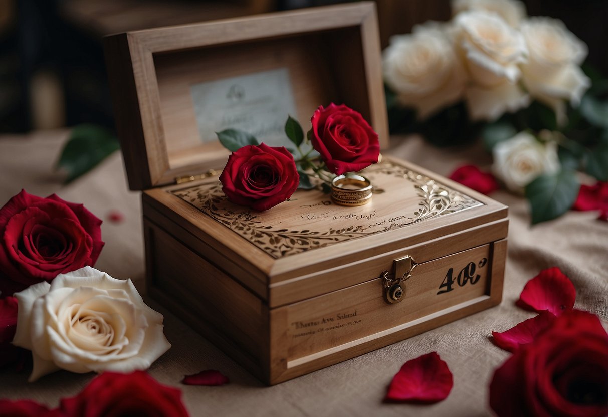 A wooden keepsake box adorned with ruby red accents and the number "40" engraved on the lid, surrounded by scattered rose petals and framed wedding photos