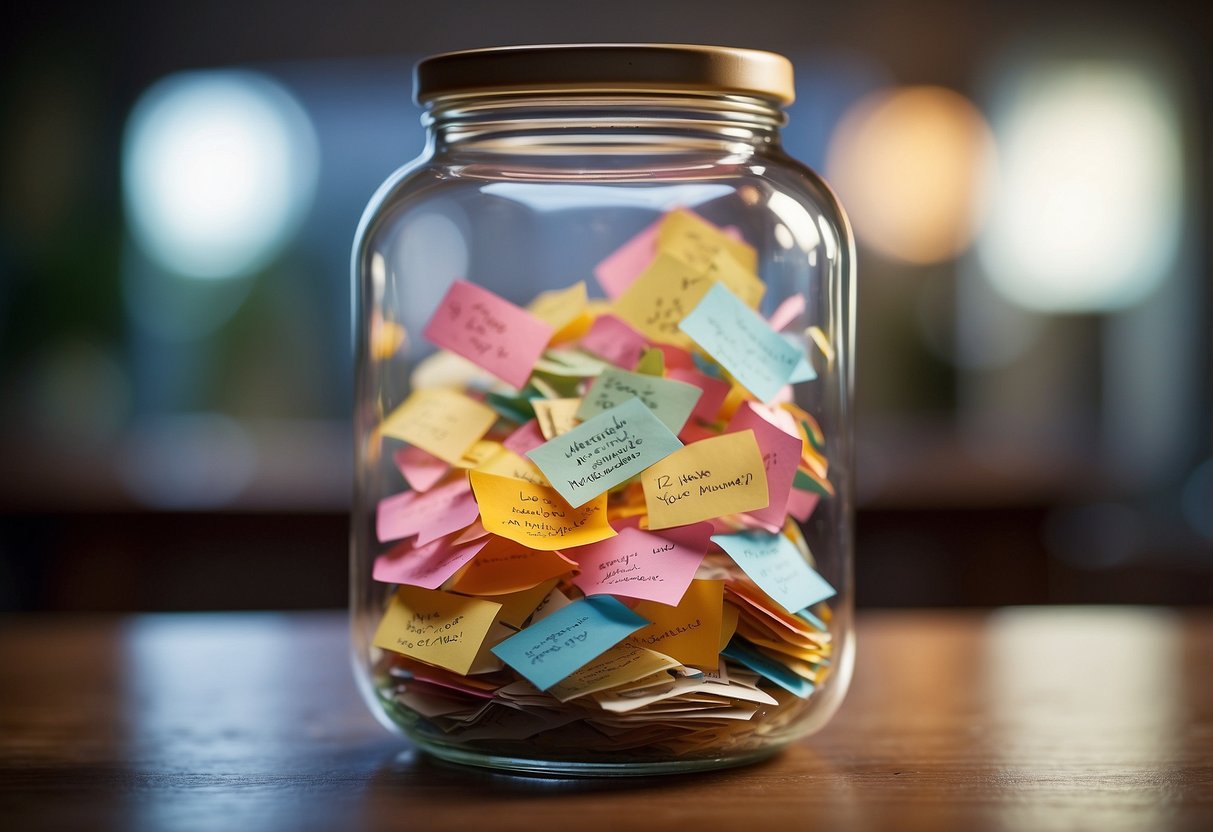 A glass jar filled with colorful notes of love and memories, surrounded by images and symbols representing 40 years of marriage