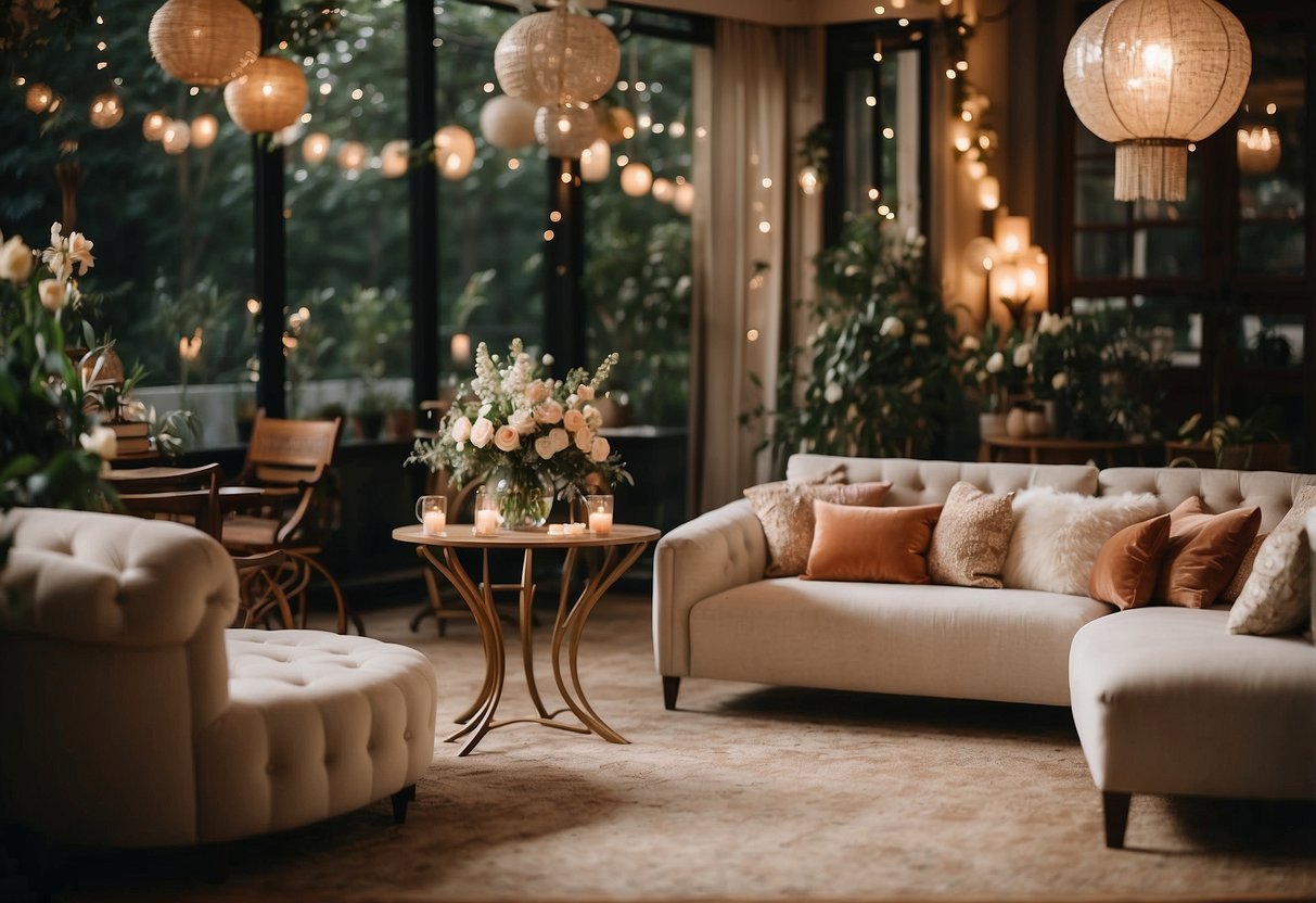 A cozy lounge area with vintage furniture, soft lighting, and floral accents creates a casual and intimate atmosphere for a wedding celebration