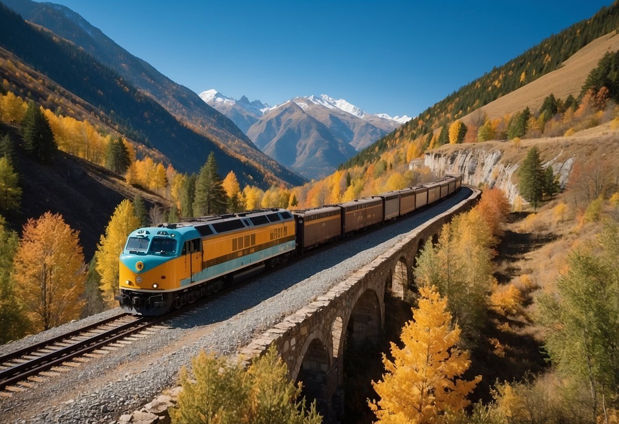 A train chugs through a picturesque landscape, winding through mountains and valleys, with colorful foliage and a clear blue sky