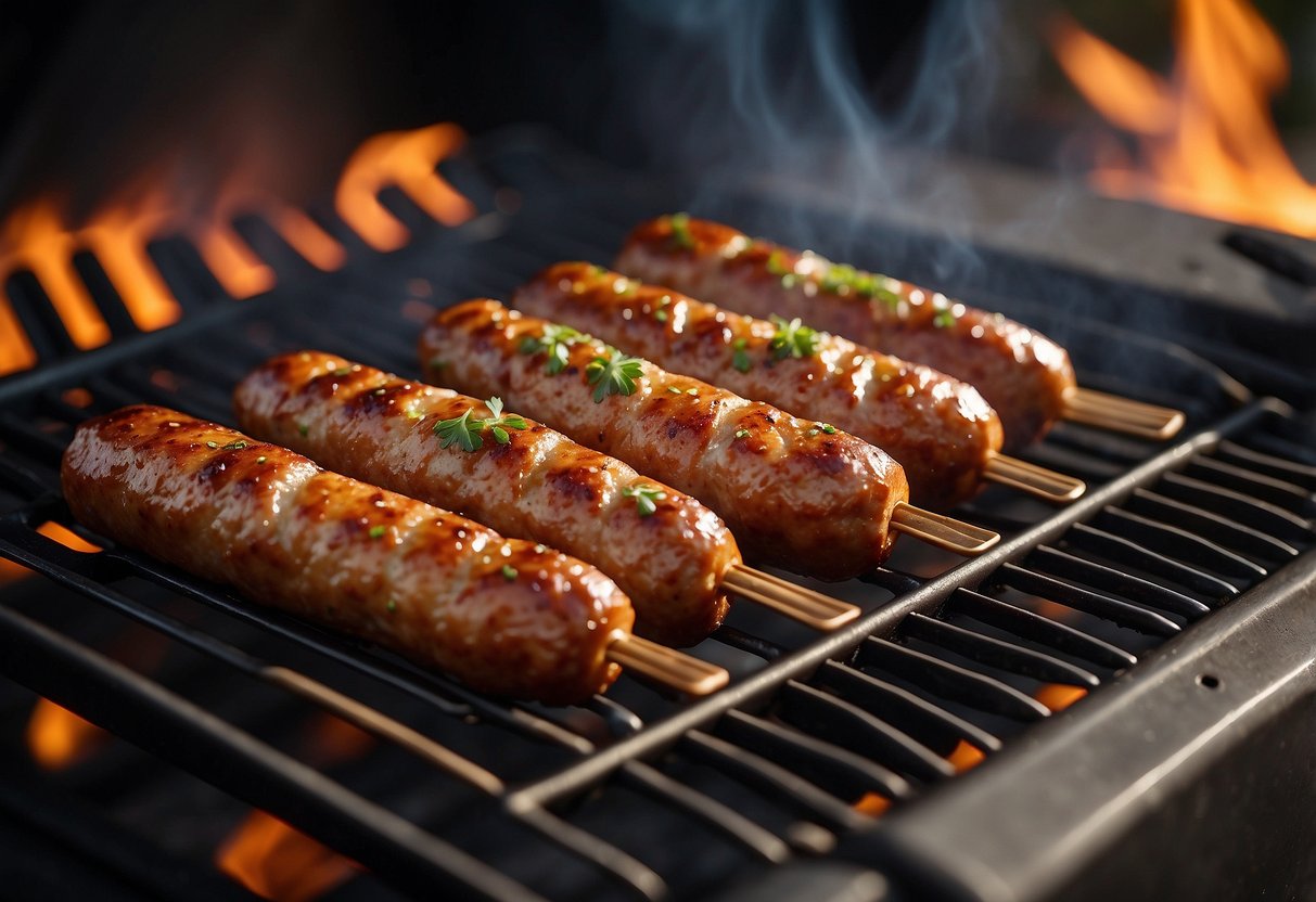 A sizzling grill cooks spicy sausage links for a wedding BBQ menu