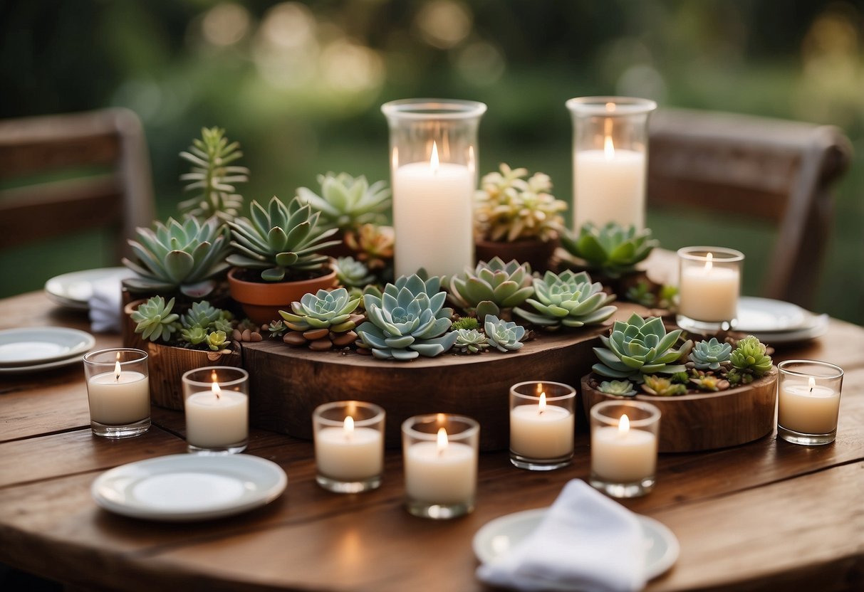 A table with personalized wedding favors, such as mini succulents or custom candles, displayed in a casual outdoor setting