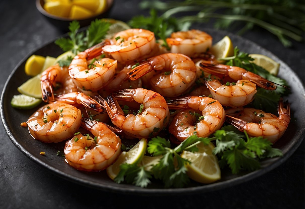 A platter of sizzling BBQ shrimp with charred grill marks, surrounded by smoky tendrils and accompanied by vibrant, fresh garnishes