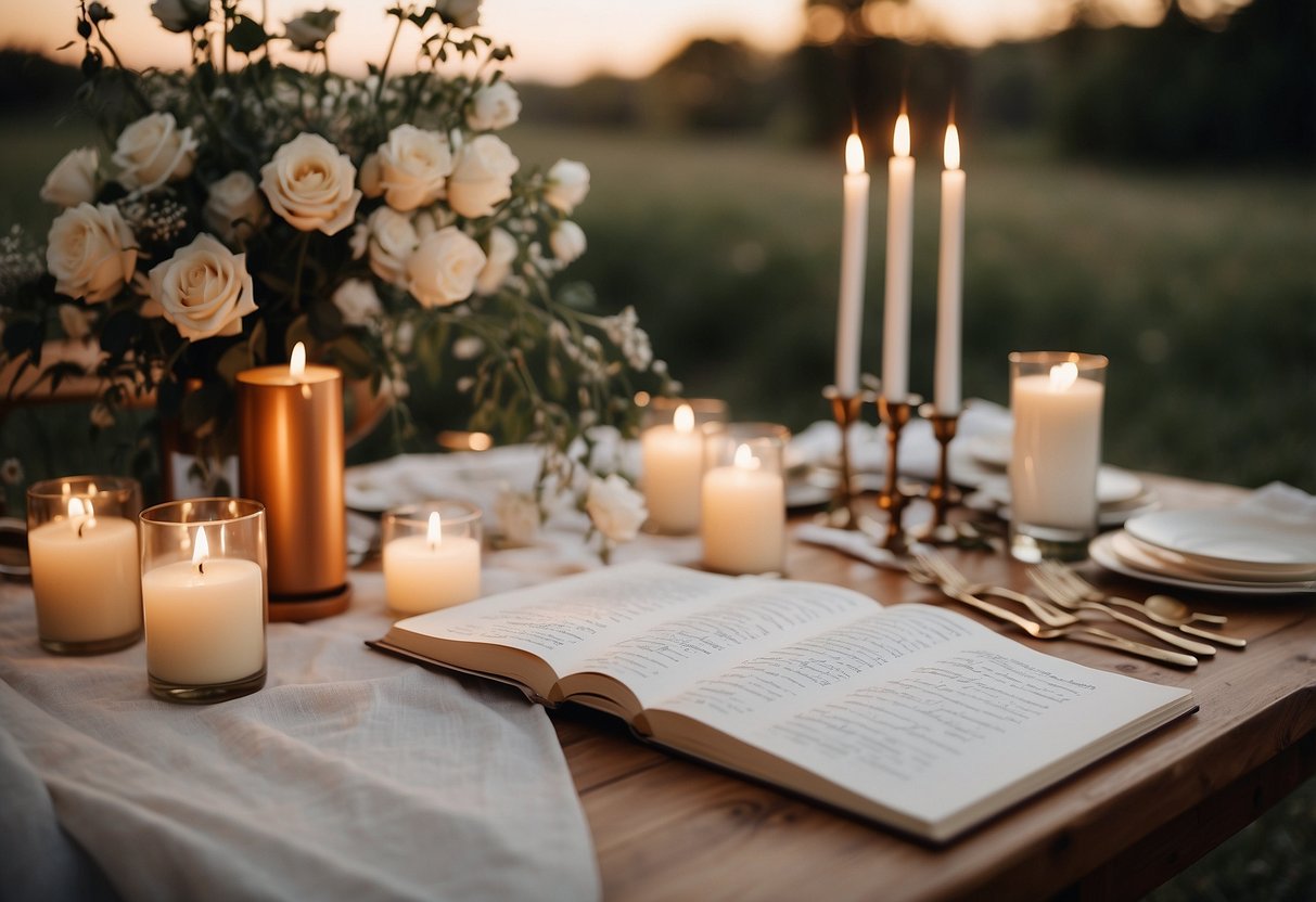 A table with handwritten vows, surrounded by flowers and candles