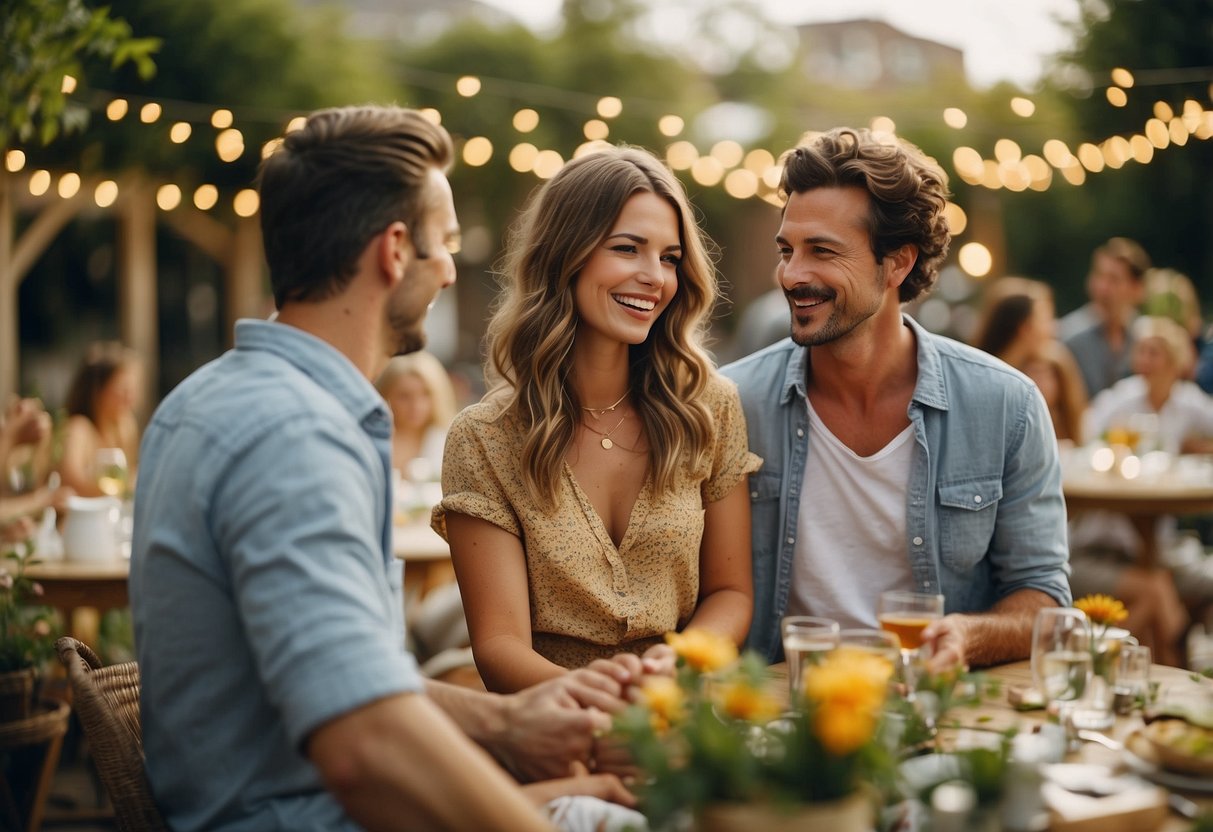 A sunny outdoor setting with guests in casual attire, surrounded by colorful flowers and string lights, with a laid-back and joyful atmosphere