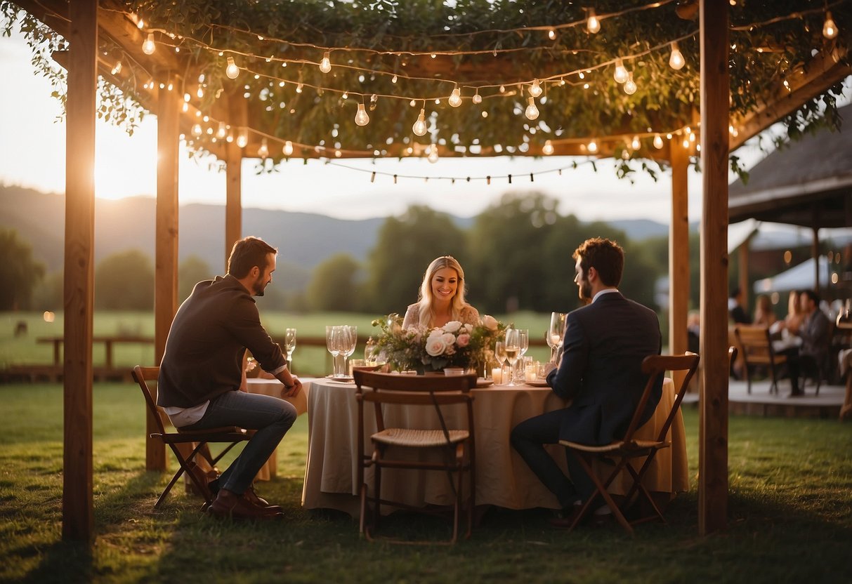 A cozy outdoor setting with a small stage, string lights, and a couple of musicians playing acoustic music. Tables and chairs are arranged for a casual and intimate wedding celebration