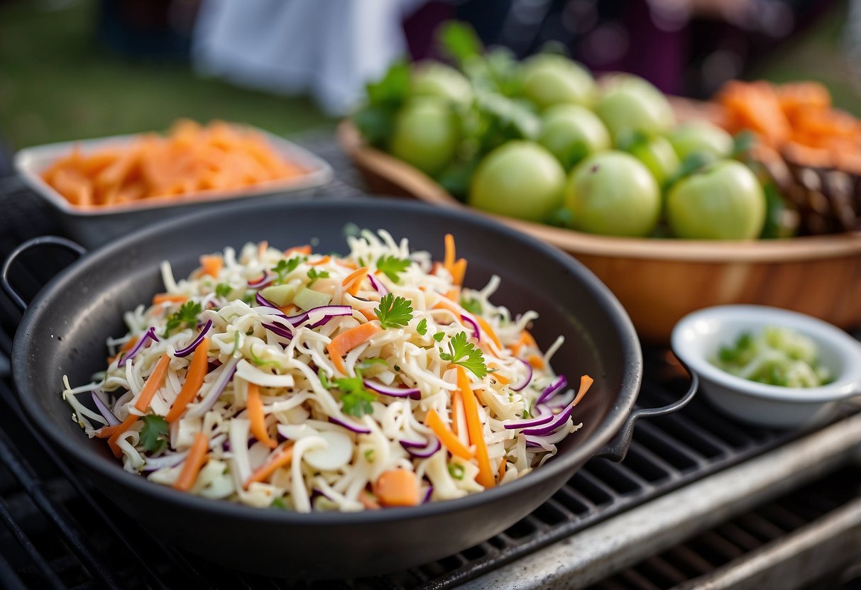 A colorful bowl of coleslaw with apple cider vinaigrette sits next to a sizzling barbecue grill at a wedding reception