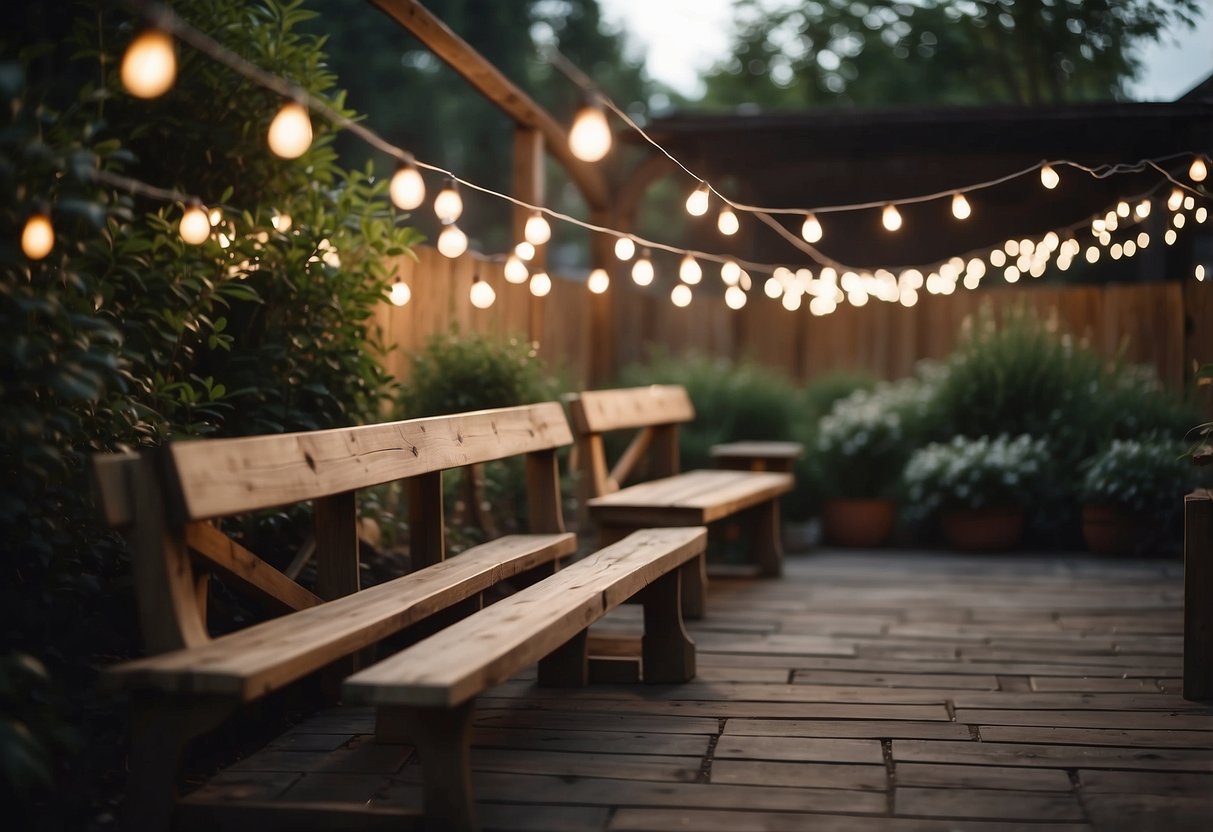 A cozy outdoor garden with string lights and rustic wooden benches set up for a casual wedding ceremony