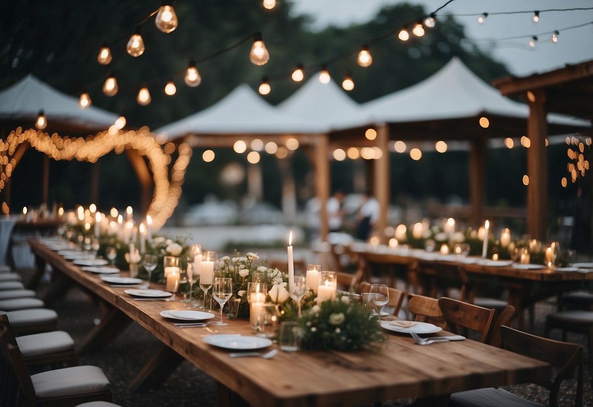 A rustic outdoor wedding setting with a modern twist. Traditional BBQ dishes presented in a contemporary way, surrounded by a mix of classic and modern decor