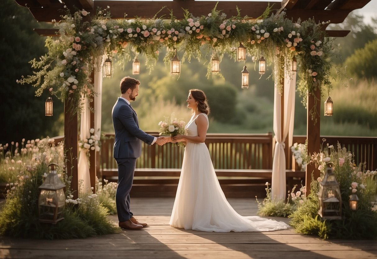 A couple stands under a rustic arch adorned with wildflowers, surrounded by lanterns and wooden benches. A sign reads "Personalizing Your Ceremony" in elegant calligraphy