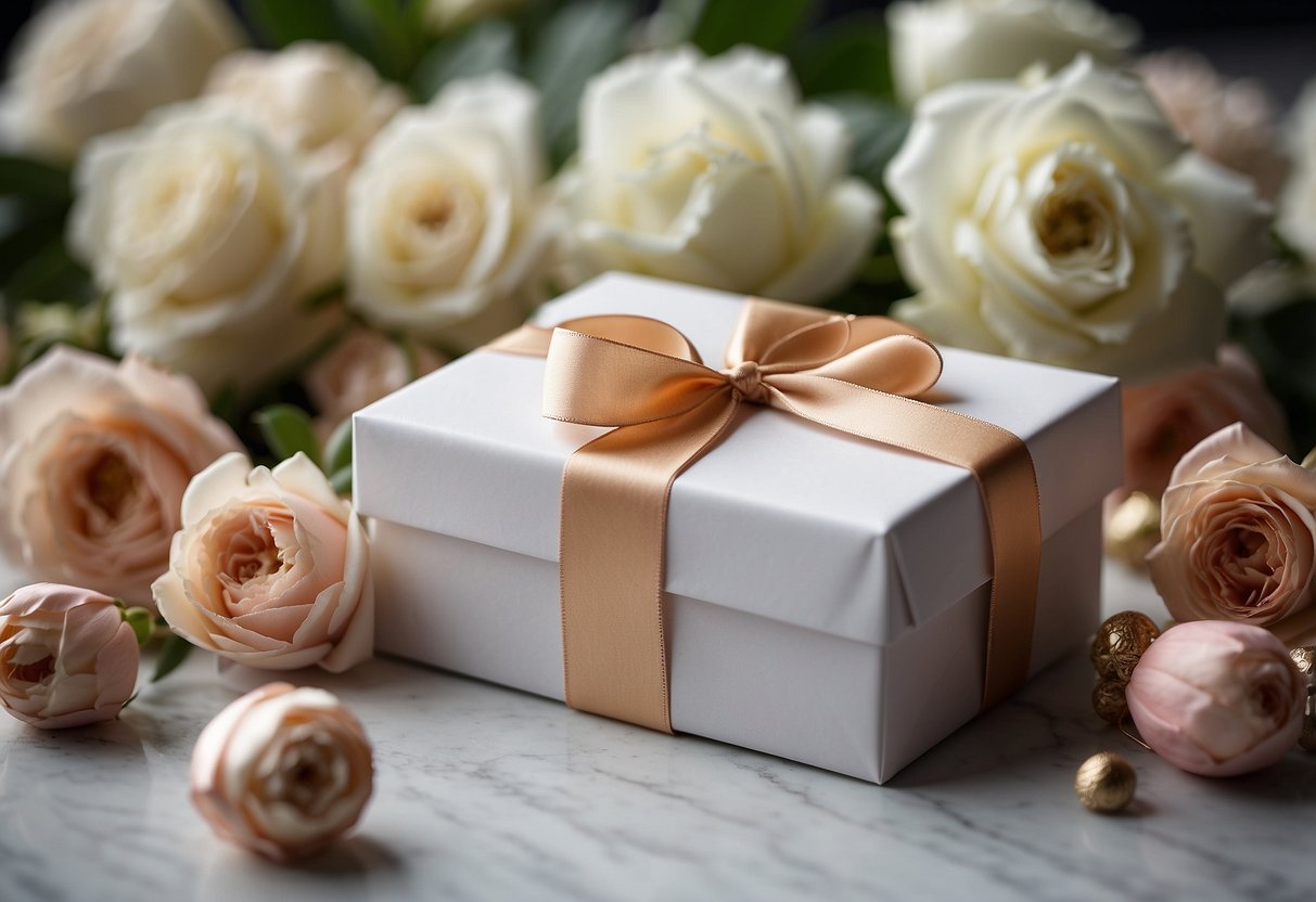 A beautifully wrapped gift box with a ribbon and a card, surrounded by flowers and wedding decorations