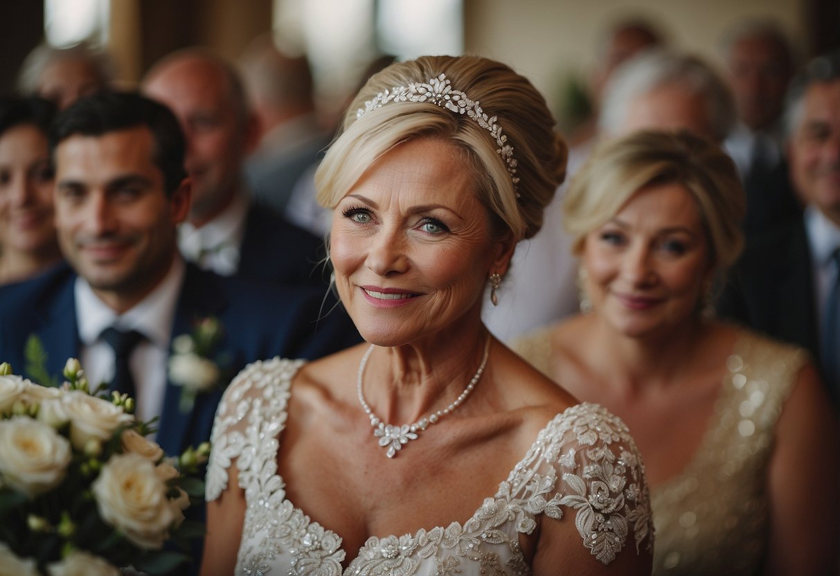 The mother of the groom shares a heartfelt anecdote, her eyes sparkling with emotion, as the wedding guests listen intently