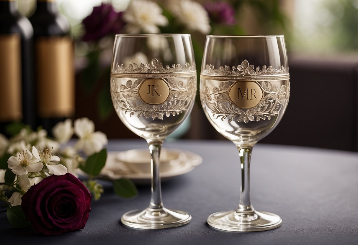 Two elegant wine glasses with engraved initials, surrounded by delicate floral motifs, sit on a satin-lined box