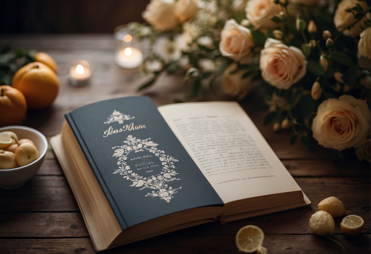 A beautifully decorated recipe book with personalized inscriptions and elegant wedding-themed illustrations