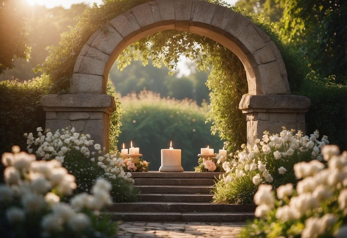 A serene garden with a stone memorial, surrounded by blooming flowers and flickering candles, beneath a graceful archway adorned with ribbons and delicate lace