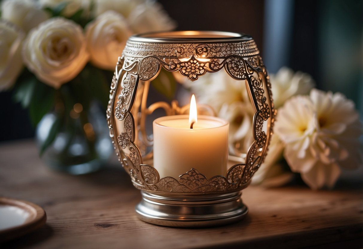 A personalized candle holder with wedding date and names, surrounded by flowers and framed by soft lighting