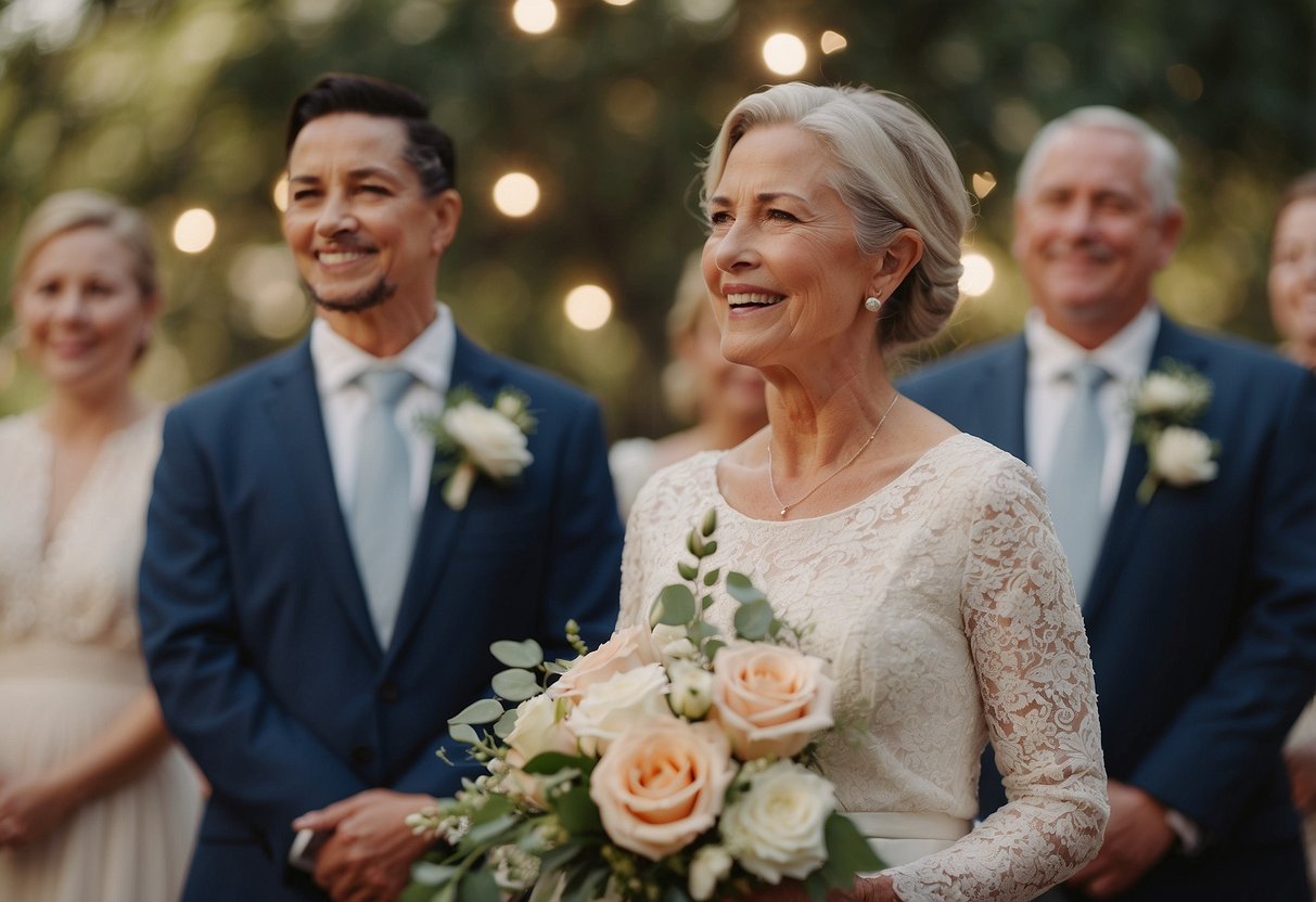 The mother of the groom speaks during the ceremony, offering heartfelt words and blessings to the newlyweds. Her voice is filled with love and wisdom as she shares her joy for the special occasion