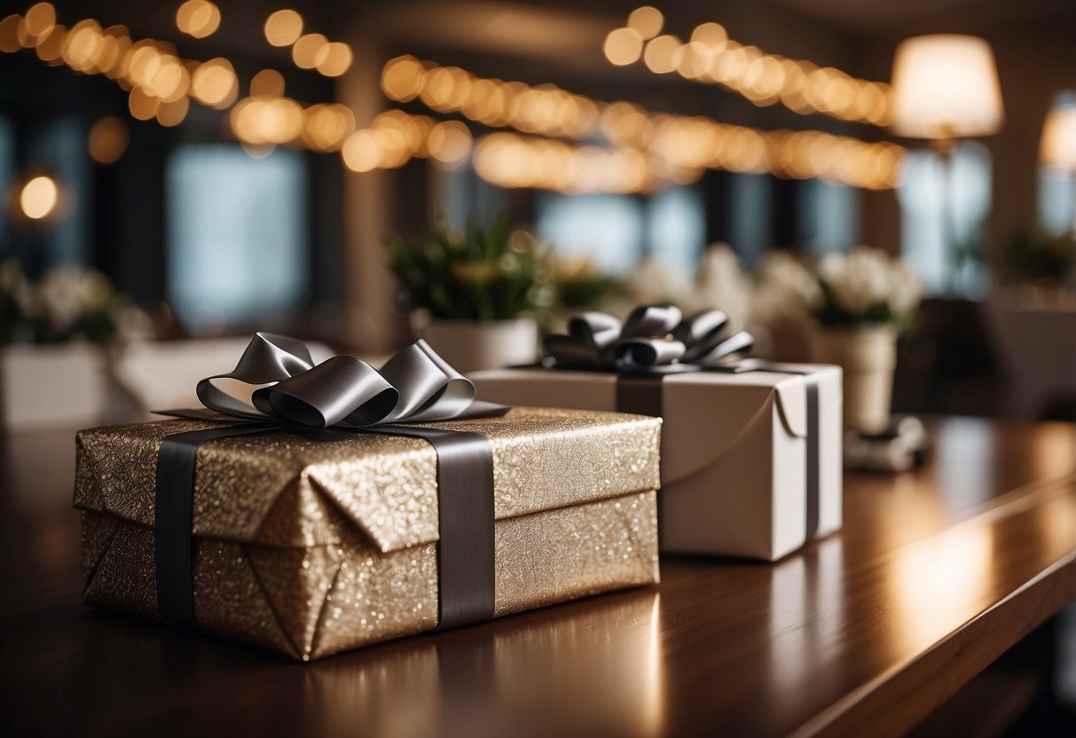 A smart home device package sits on a gift table, wrapped in elegant paper with a bow, ready for the son and daughter-in-law's wedding