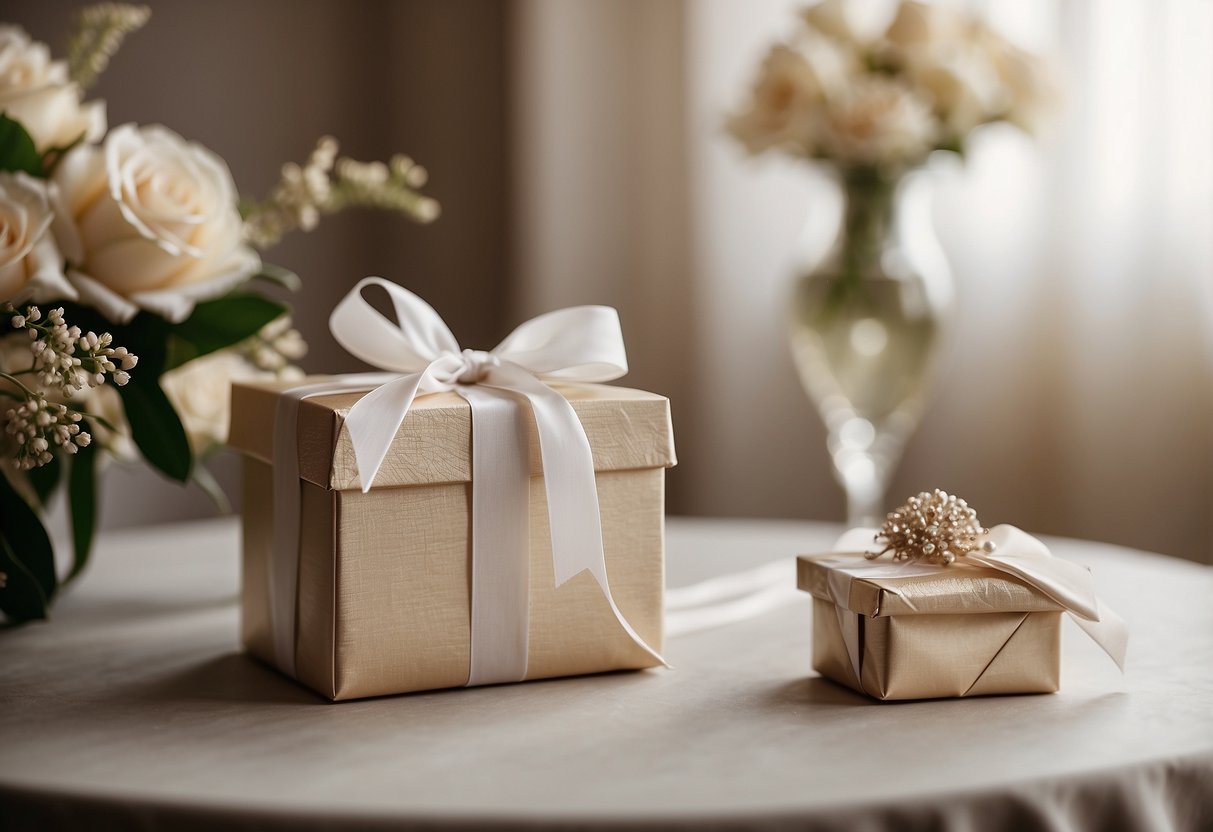 A beautifully wrapped gift box sits on a table, surrounded by elegant wedding decor. A card with a heartfelt message is placed next to the gift, expressing love and best wishes for the newlyweds