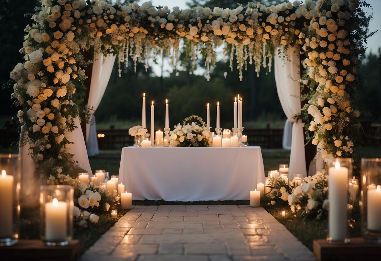 A wedding altar with an "In Loving Memory" sign surrounded by flowers and candles