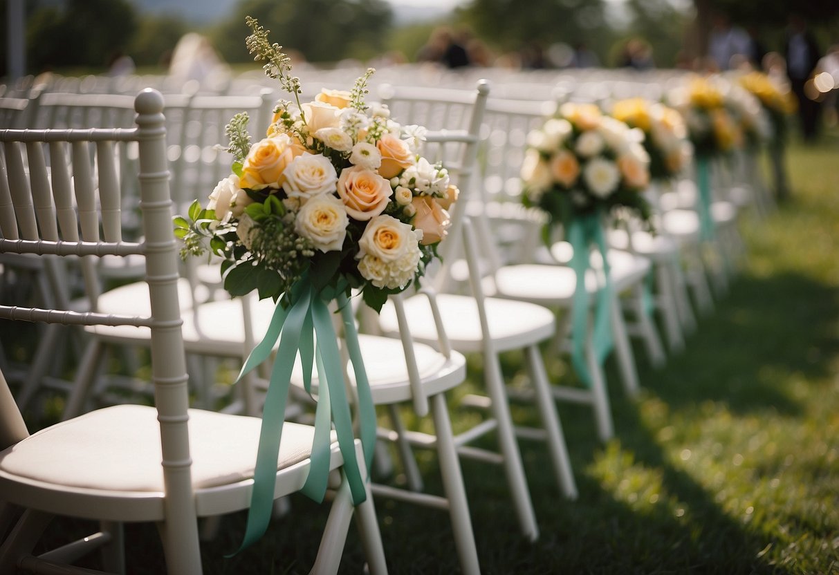 Floral arrangements and ribbons adorn chairs along the wedding aisle