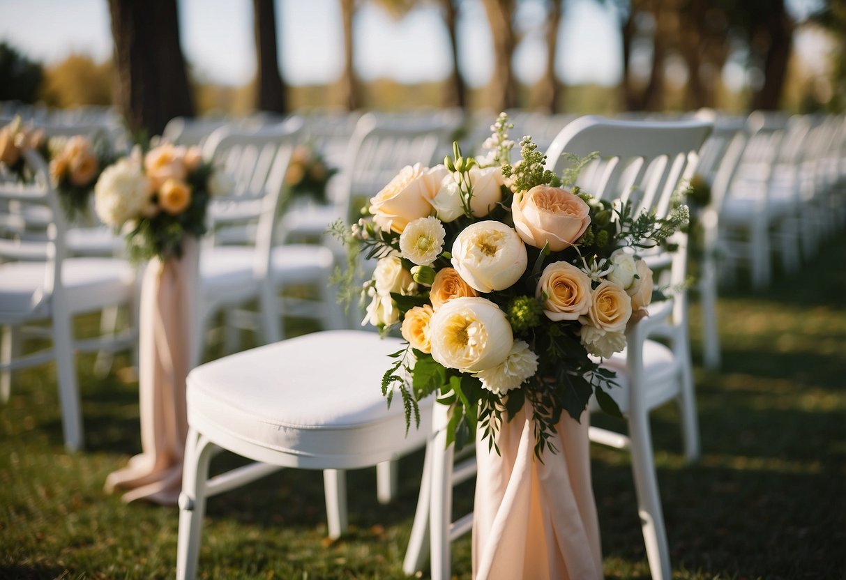 Floral arrangements with draped fabric adorn wedding aisle chairs