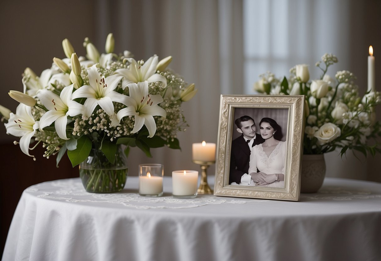 A table with a white lace tablecloth adorned with a floral arrangement of white lilies, roses, and baby's breath, with a small framed photo of the deceased couple placed in the center