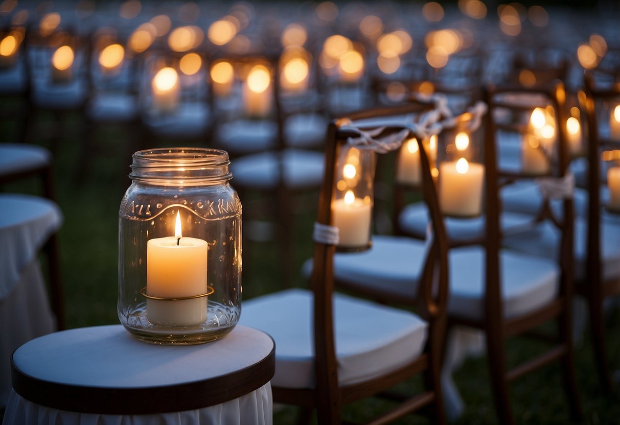 Mason jar candles line the wedding aisle chairs, adding an elegant touch to the decor