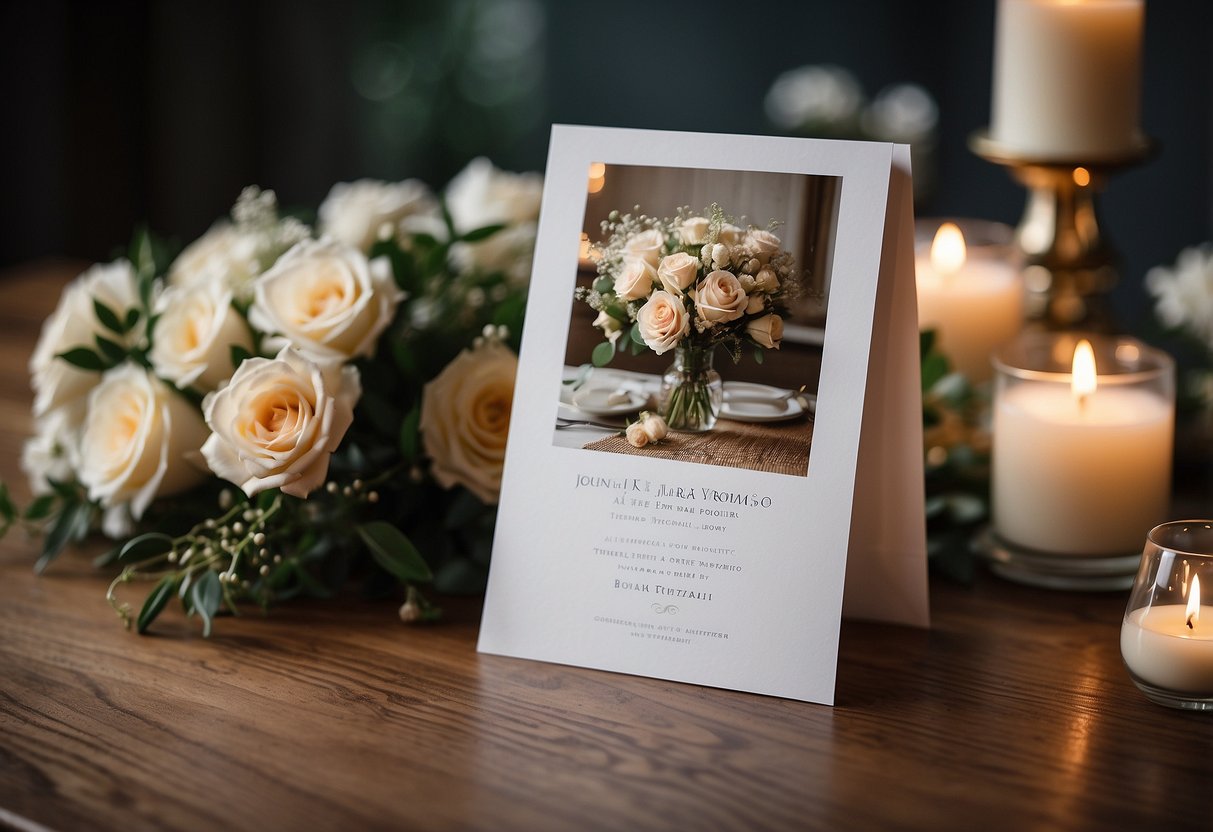 A personalized wedding program with a memorial tribute displayed on a decorated table. Flowers, candles, and photos create a solemn yet beautiful atmosphere