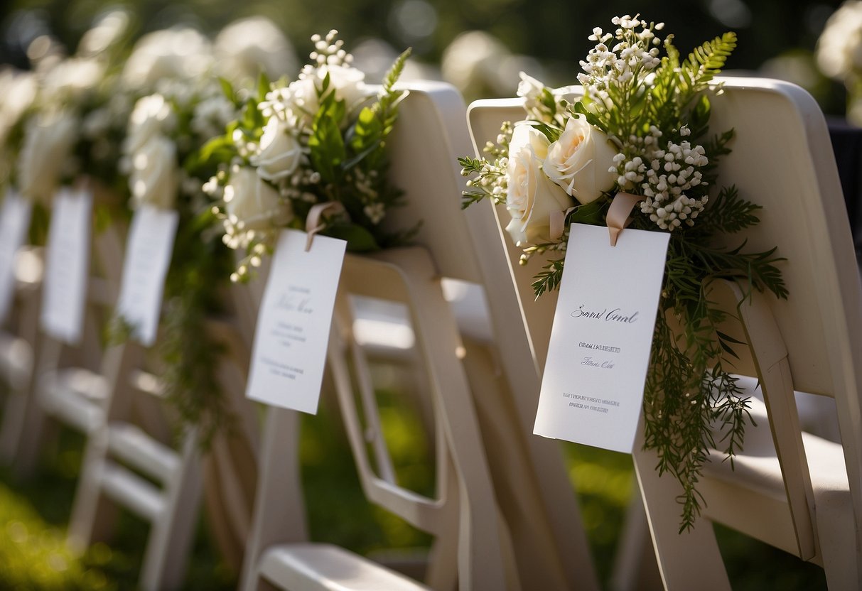 Escort cards hang from chairs, adorned with greenery and flowers. Each card bears a guest's name, adding a personal touch to the wedding aisle