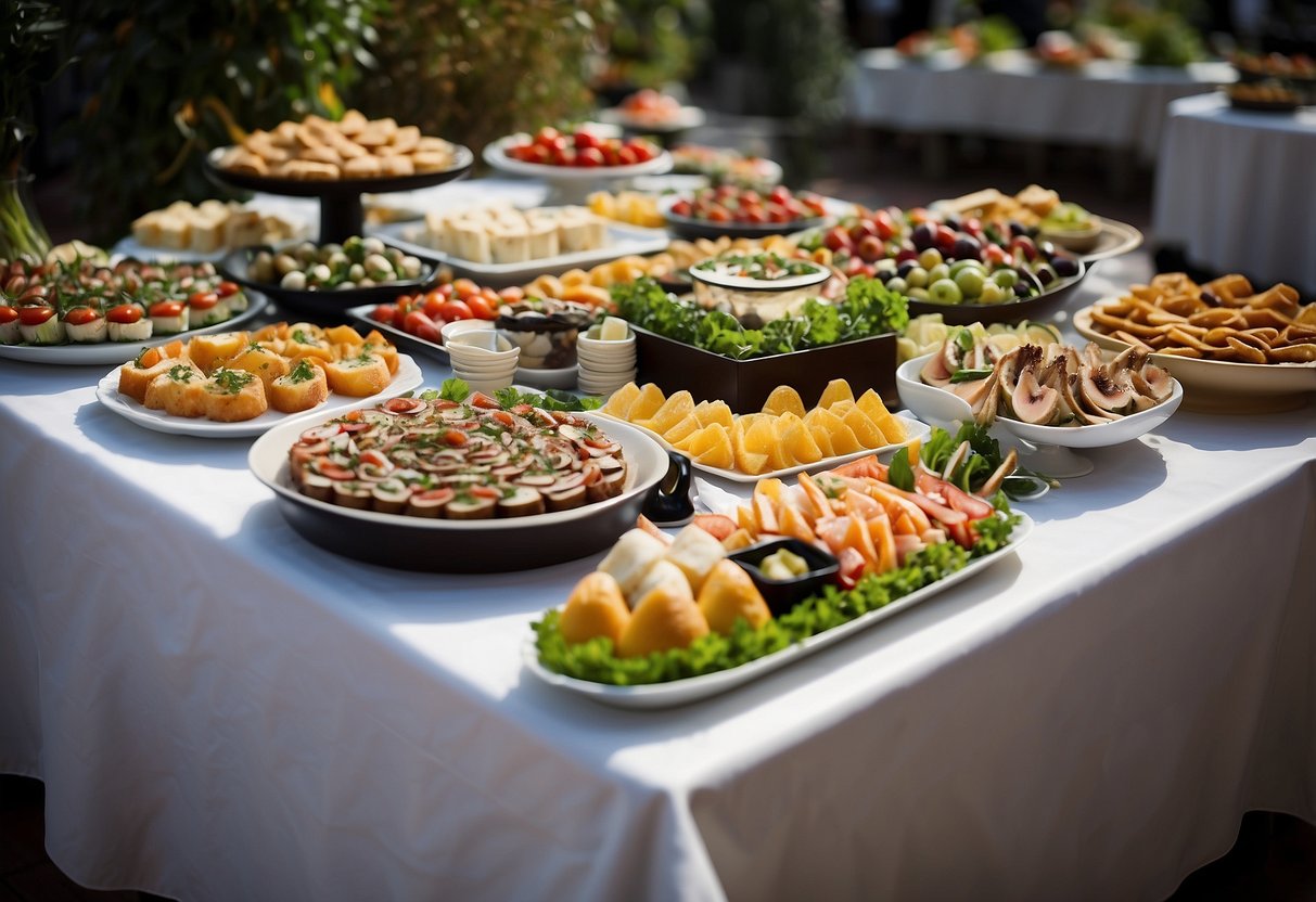 A beautifully decorated buffet table with a variety of elegant dishes, including a colorful array of appetizers, salads, main courses, and desserts