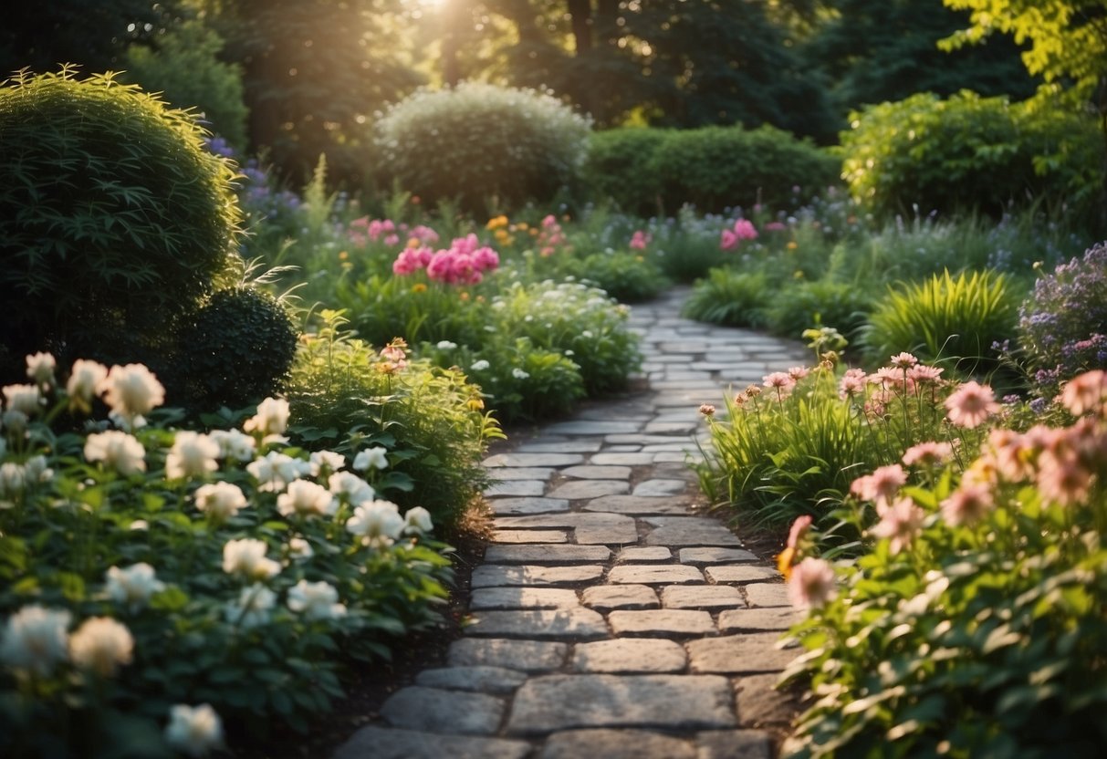 A serene garden with a stone pathway leading to a tranquil water feature, surrounded by lush greenery and blooming flowers