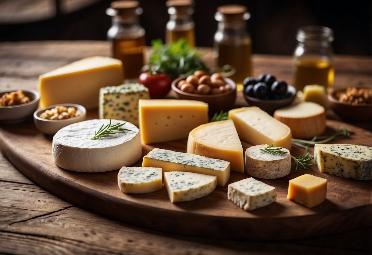 A beautifully arranged selection of gourmet cheeses displayed on a rustic wooden table with elegant signage and accompanying condiments