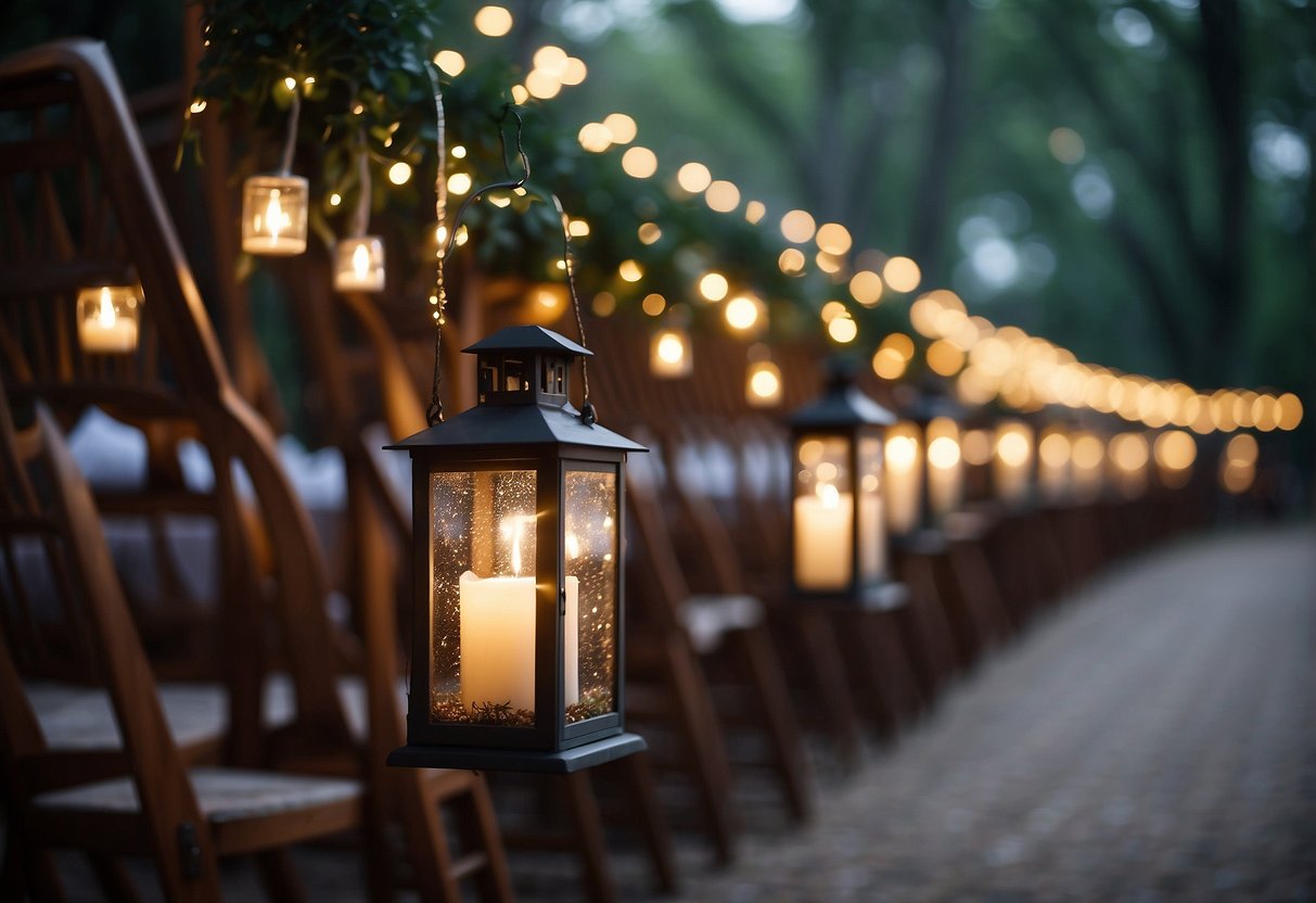 Hanging lanterns adorned with twinkling fairy lights line the wedding aisle chairs, creating a magical and enchanting atmosphere