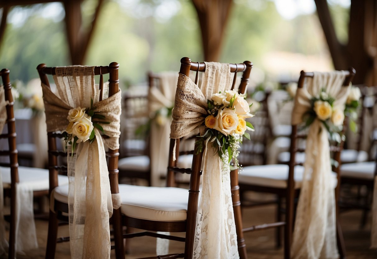 Burlap and lace sashes drape over wedding chairs in a rustic, elegant fashion