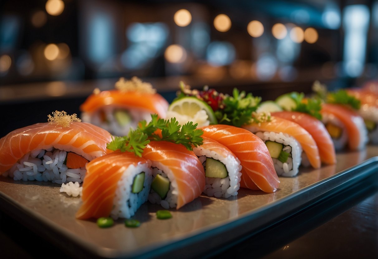 A vibrant array of fresh sushi and sashimi displayed on a sleek, modern bar. Colorful fish, delicate rice, and artistic garnishes create an enticing wedding buffet