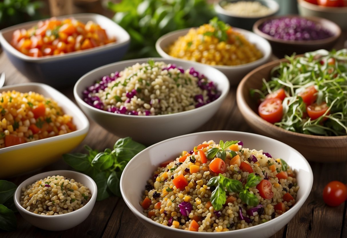 A colorful array of quinoa salads, adorned with fresh vegetables and herbs, set on a beautifully decorated buffet table