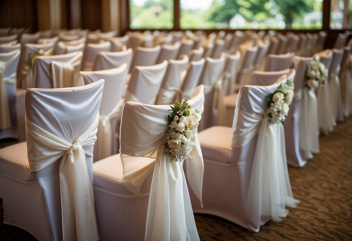 Elegant chair covers adorn wedding aisle chairs, matching the color scheme and adding a touch of sophistication to the ceremony