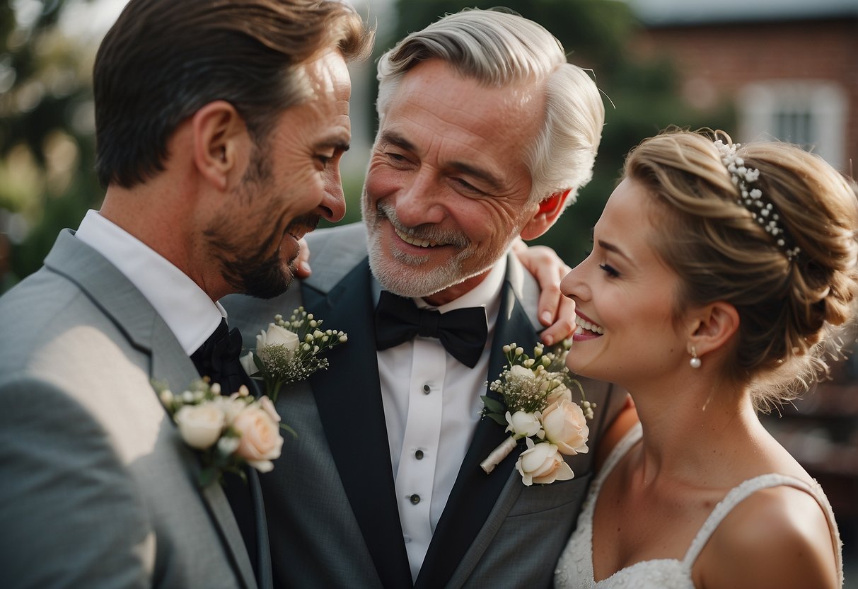 A father congratulates his daughter and son-in-law on their wedding day