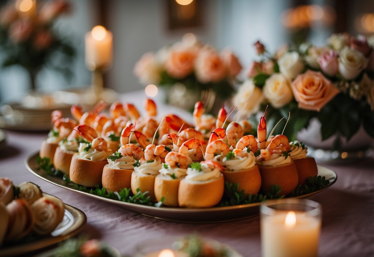 A buffet table with mini lobster rolls arranged on a tiered stand, surrounded by elegant floral centerpieces and soft candlelight