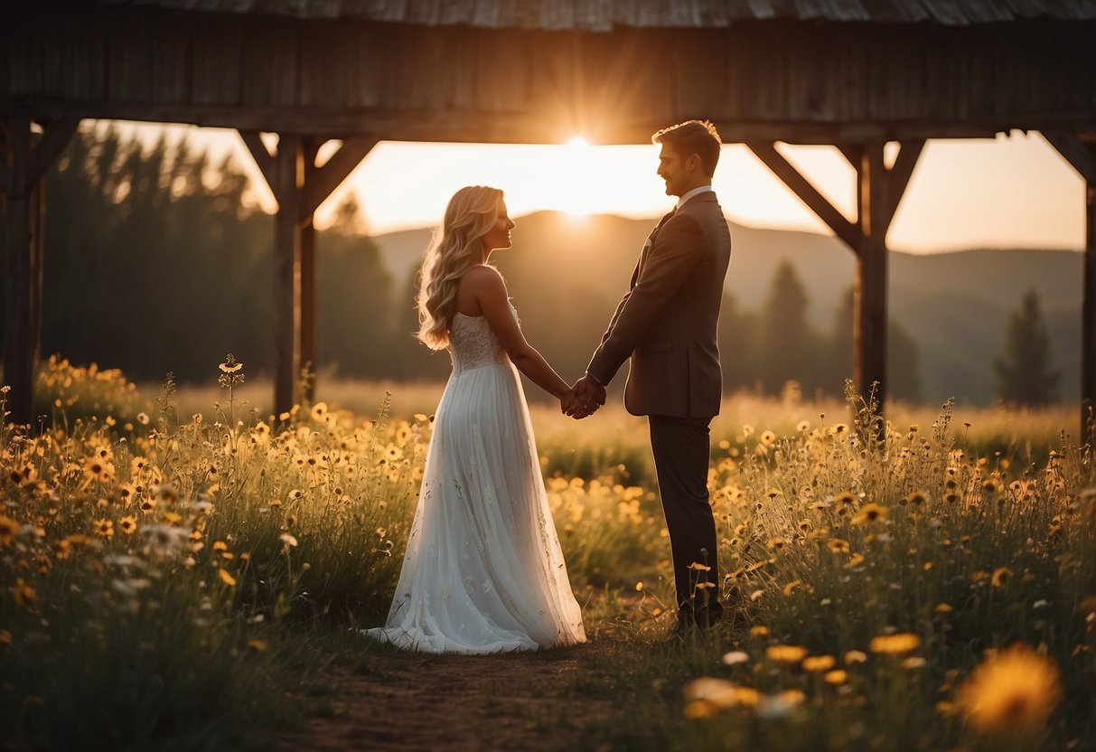 The sun sets behind a rustic barn, casting a warm glow on a field of wildflowers as a couple stands hand in hand, exchanging vows