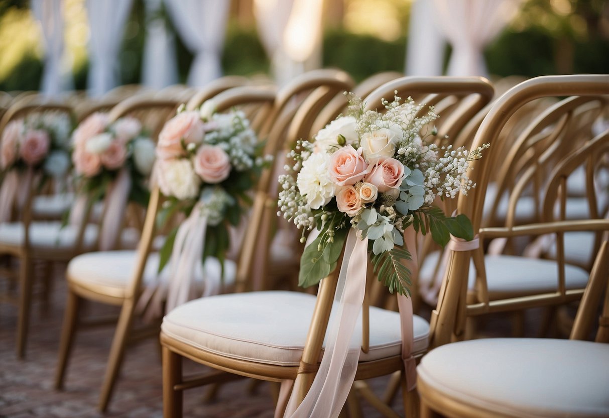 The wedding aisle chairs are adorned with pastel-colored ribbons and delicate lace fabric, creating a soft and romantic atmosphere