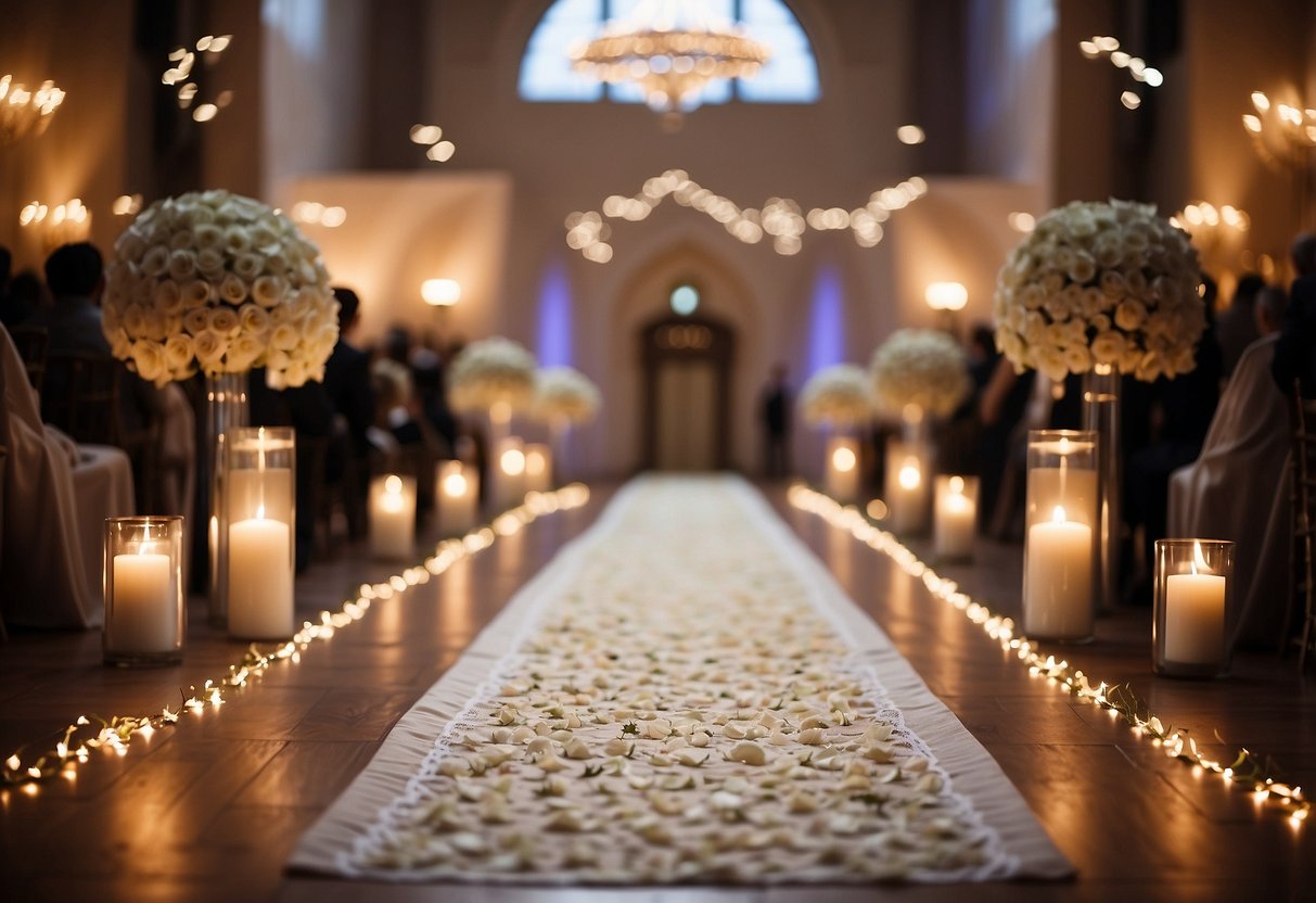 A white lace aisle runner stretches down the center of the aisle, adorned with delicate rose petals and twinkling fairy lights