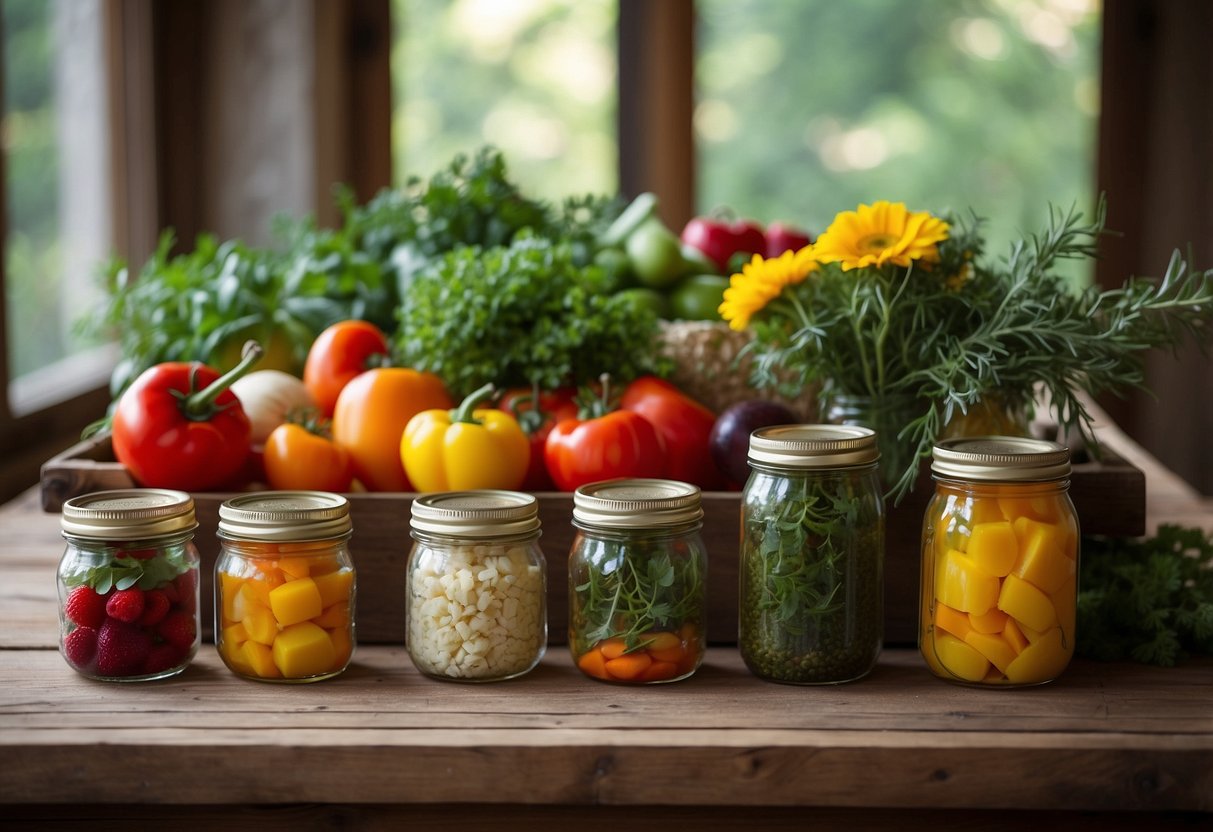 A rustic wooden buffet table adorned with fresh, colorful vegetables, fruits, and greens. Mason jar vases filled with wildflowers add a touch of charm