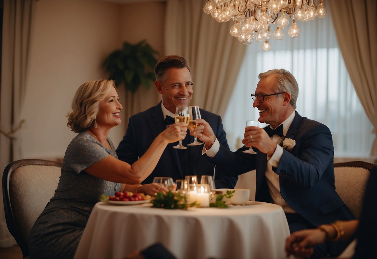 A father and mother-in-law raise a toast to their daughter and son-in-law, encouraging them to support each other's dreams and aspirations on their wedding day