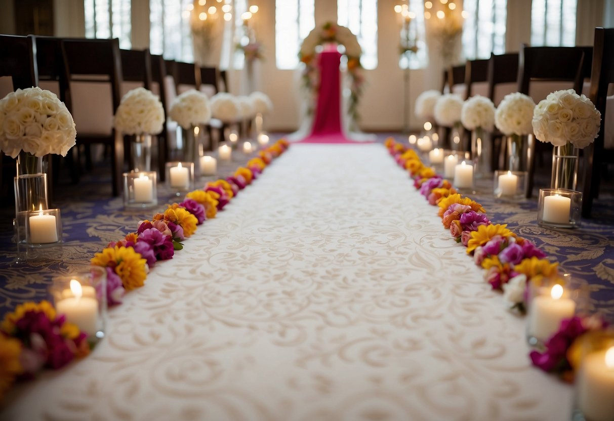 A long, white aisle runner adorned with vibrant, intricate floral prints leading towards an elegant wedding altar